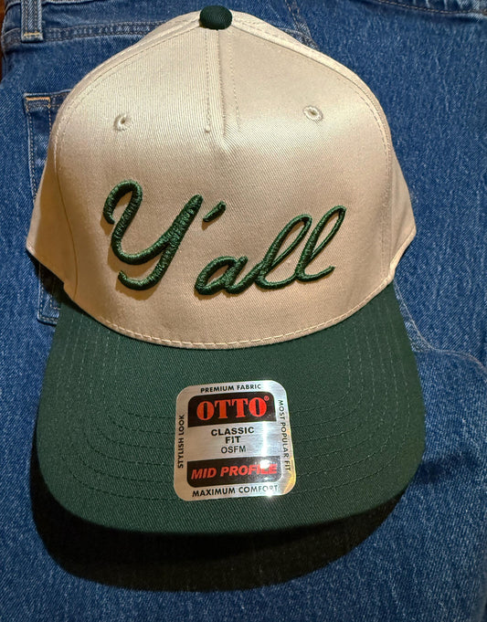 Y' all embroidered trucker hat Natural and green in 3D puff Design