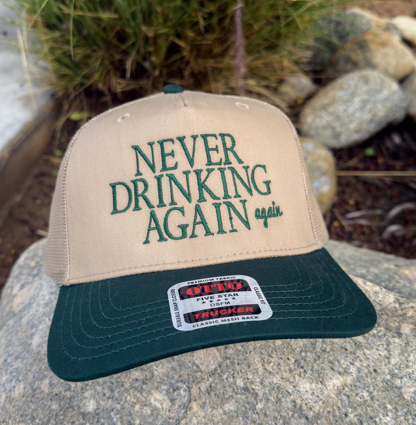 Never Drinking Again embroidered two toned vintage canvas hat.