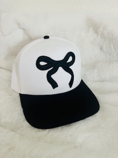 Black embroidered patch bow on two-toned vintage hat