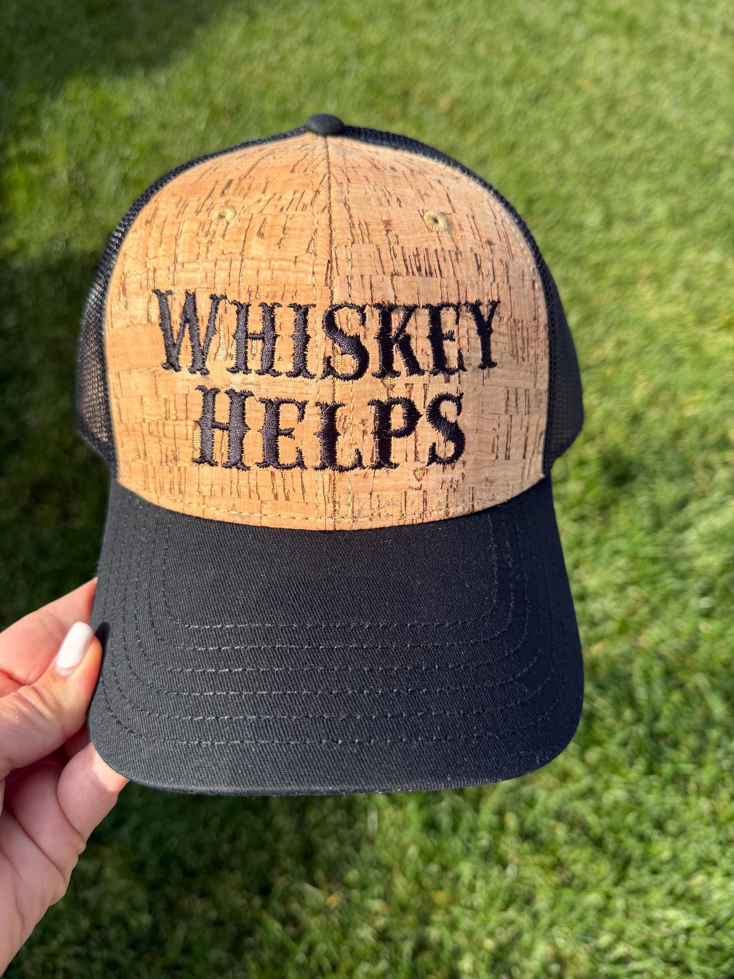 Whiskey Helps. Embroidered trucker hat.