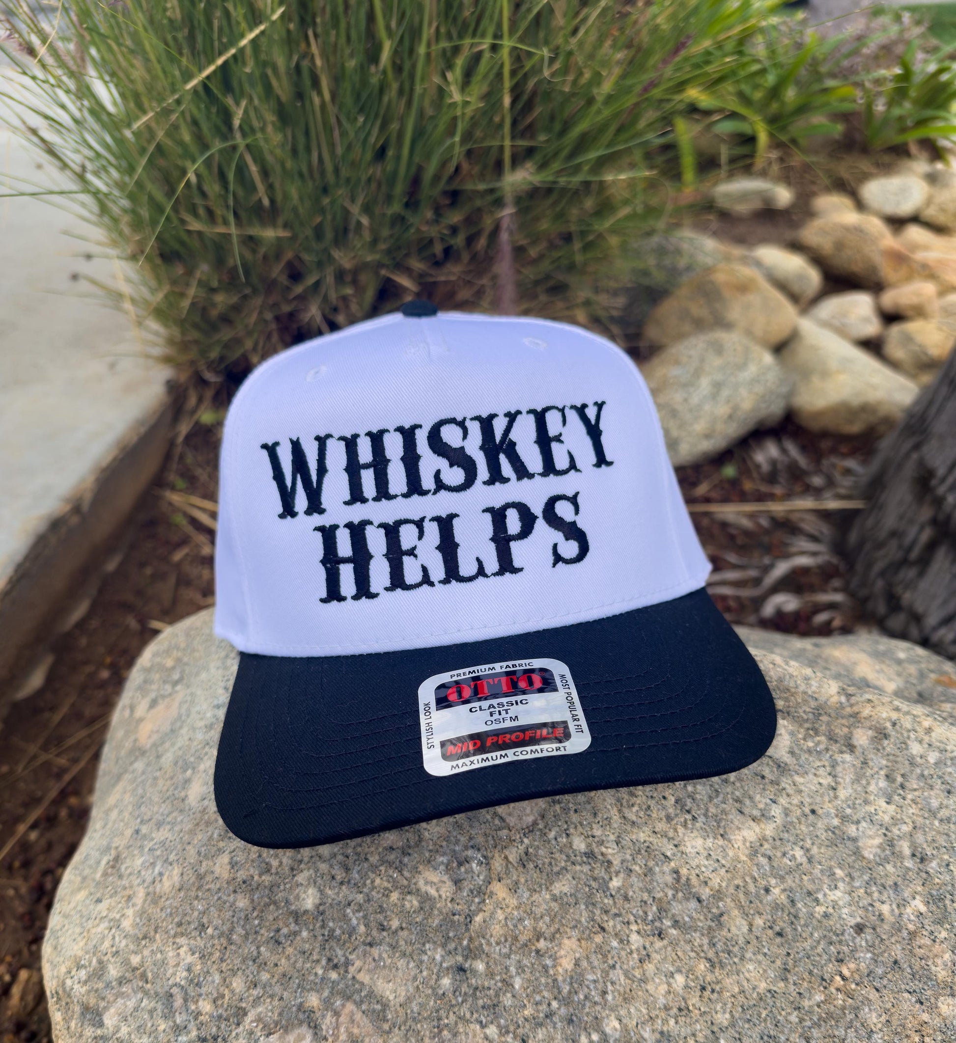 Whiskey Helps. Embroidered trucker hat.