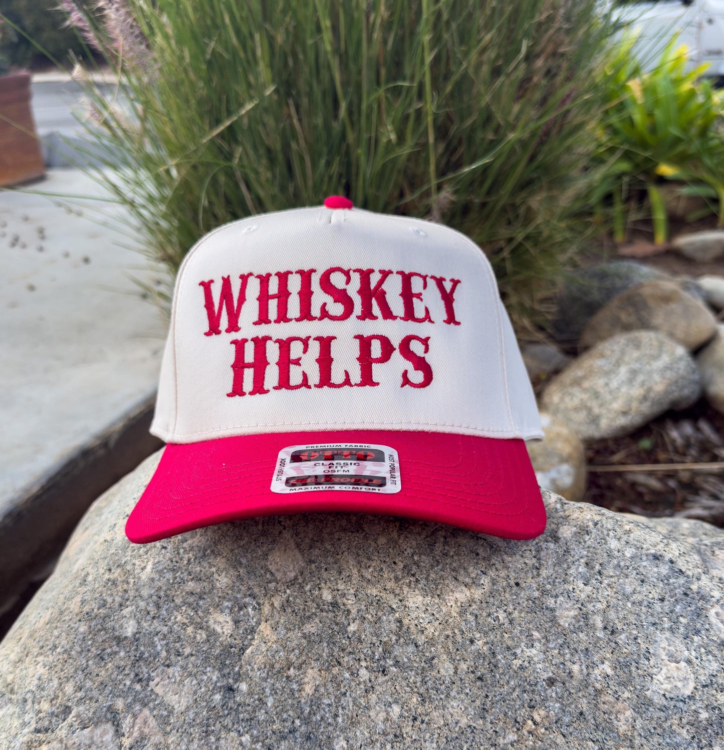 Whiskey Helps. Embroidered trucker hat.