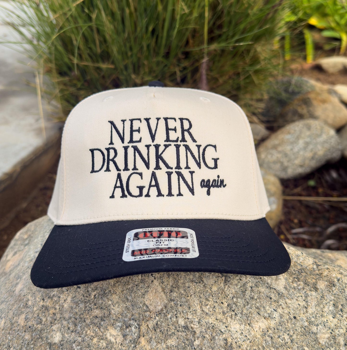 Never Drinking Again embroidered two toned vintage canvas hat.