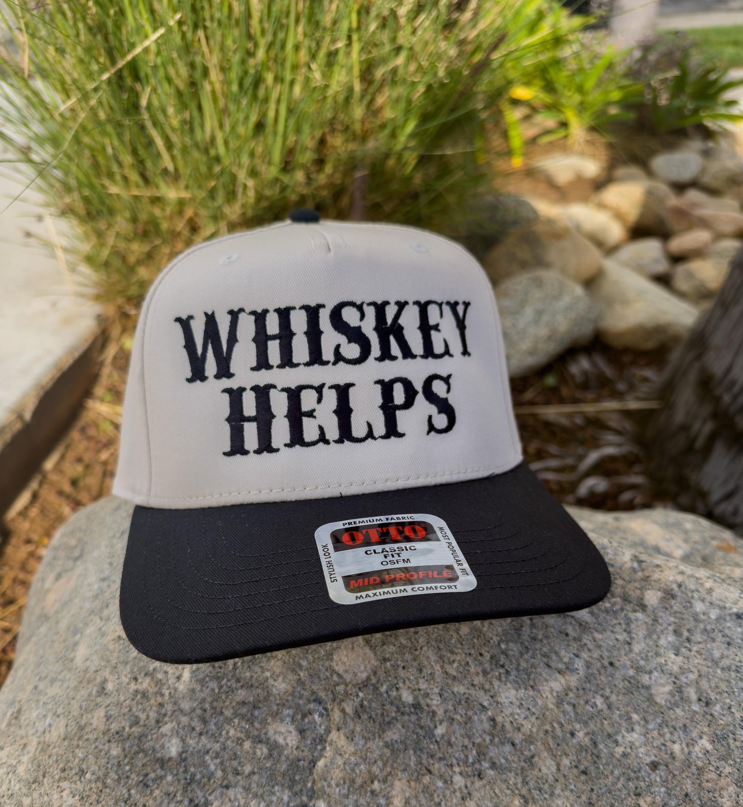 Whiskey Helps. Embroidered trucker hat.