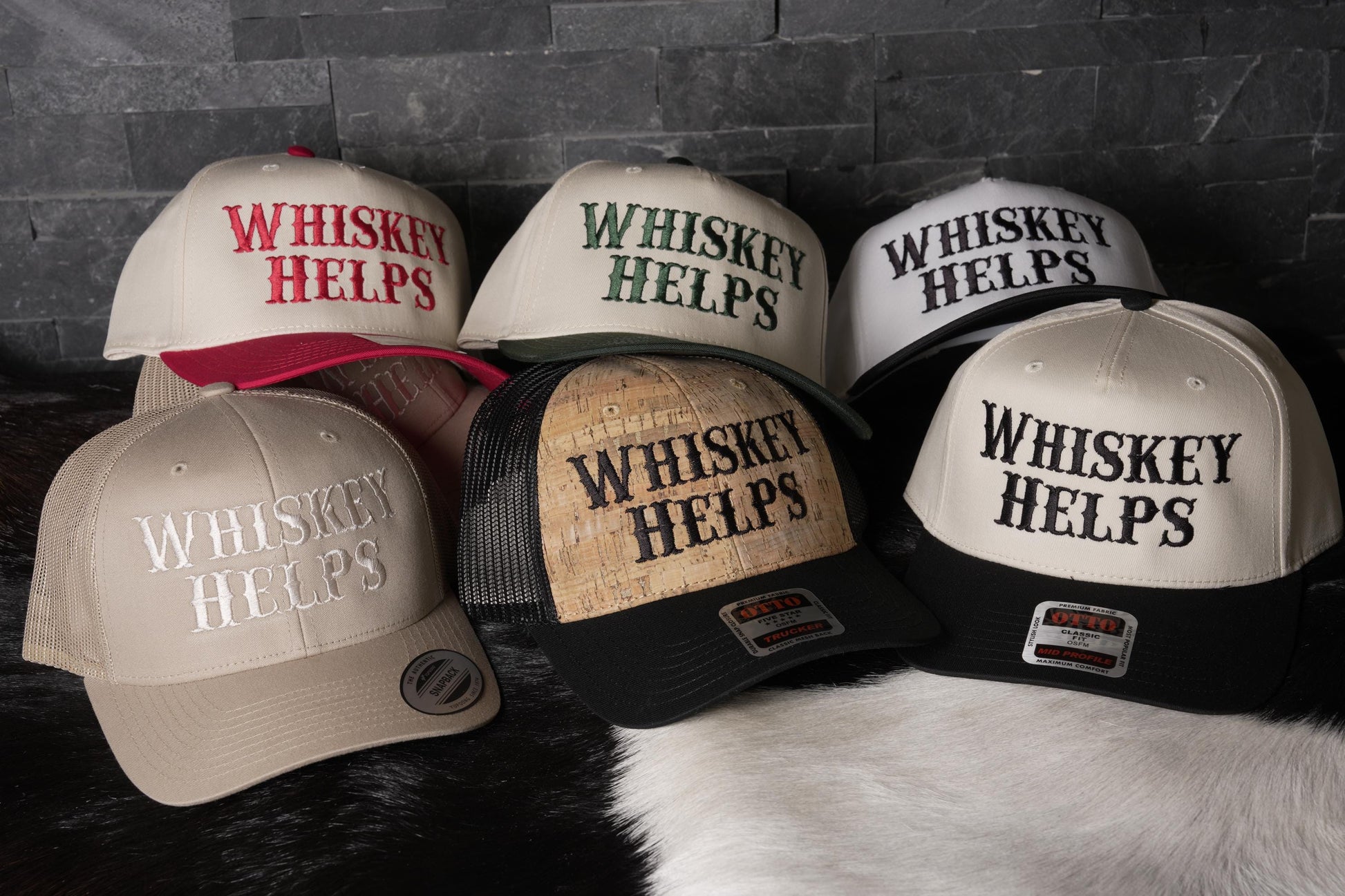Whiskey Helps. Embroidered trucker hat.