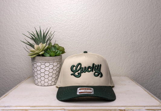 Lucky, 3D Puff Embroidered two toned vintage trucker hat
